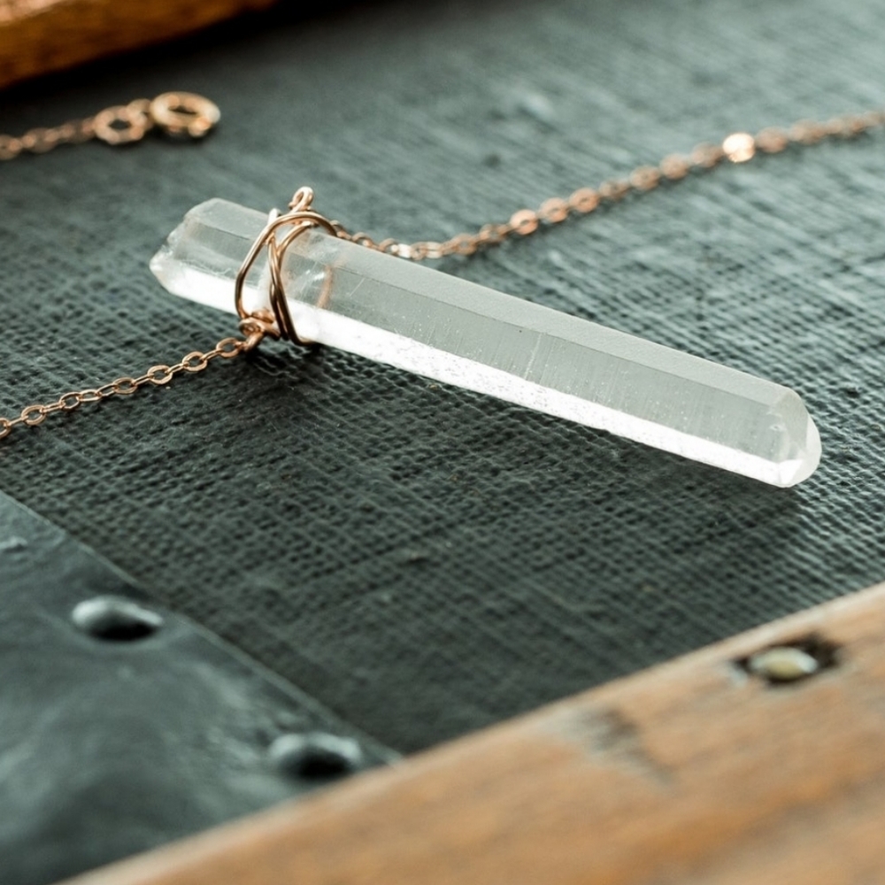 Gold wire wrapped crystal quartz necklace